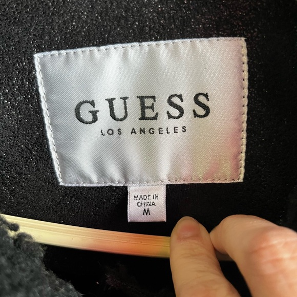 Guess Black Faux Leather Shearling Aviator Jacket Size M- Moto Biker Style - Picture 5 of 6